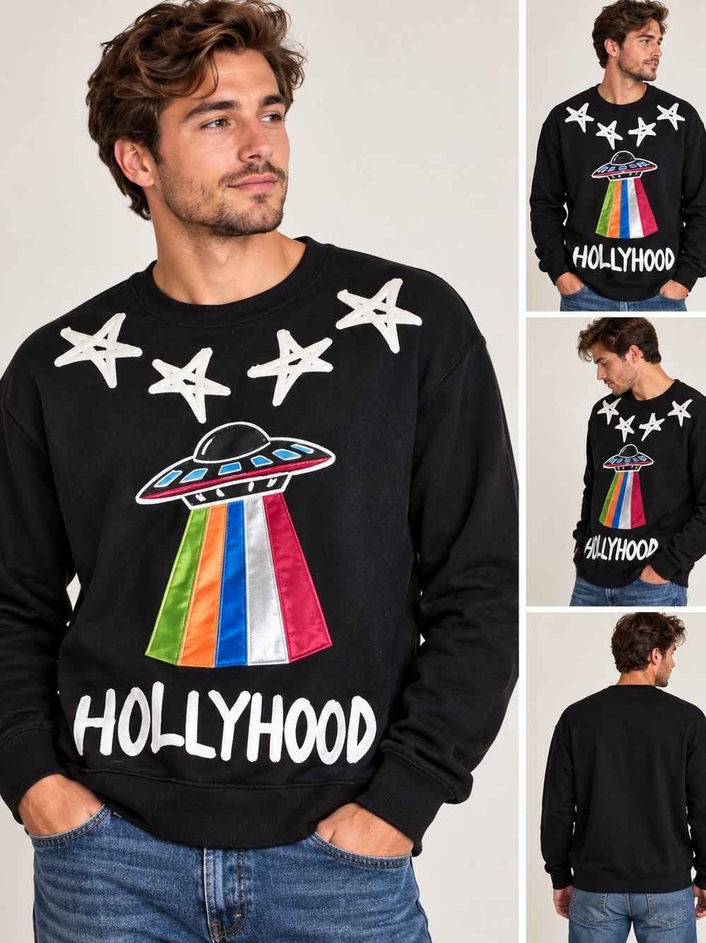 Hudson Black Crewneck with Rainbow UFO & Star Accents